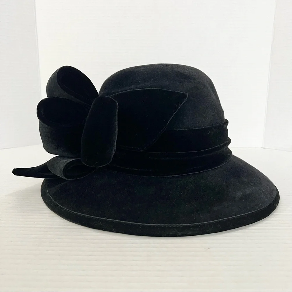 VTG Kokin Black Velvet Wide Brim Bowknot Women's Hat Chic Old Hollywood Retro
